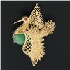 Image 2 : Vintage 18k Gold Cabochon Jade Ruby Textured Open Wire Work Swan Bird Brooch Pin