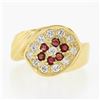 Image 4 : Vintage 18K Gold Round Pave Set Cubic Zirconia & Ruby Grooved Cluster Band Ring