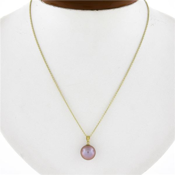 18K Yellow Gold 10.3mm Pink Pearl Solitaire Pendant 18" Cable Chain Necklace