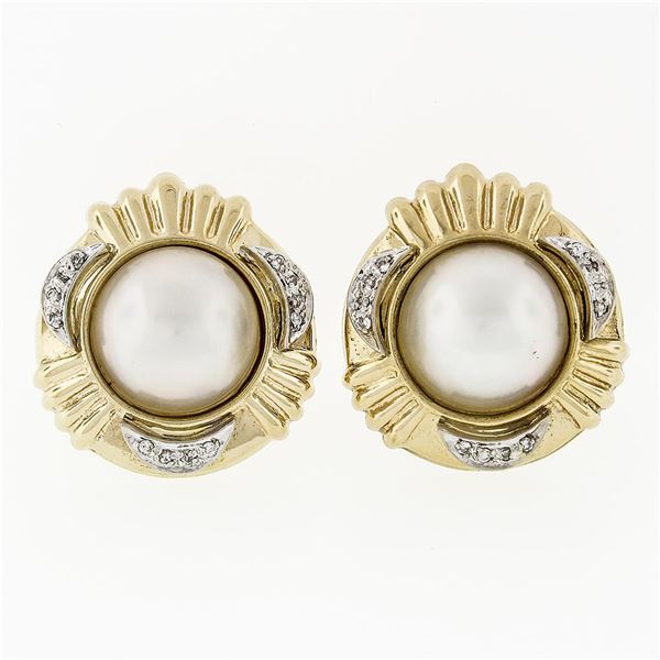 Large 14k Yellow Gold 13.9mm Mabe Pearl & 0.12 ctw Round Diamond Button Earrings