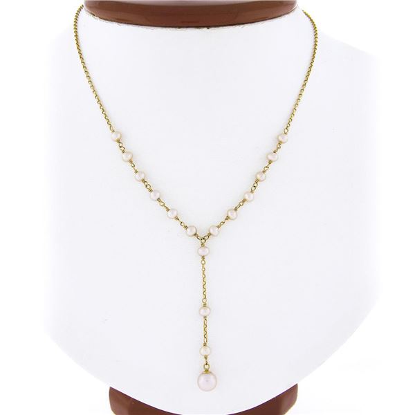 14K Yellow Gold 3.7-6.3mm Cultured Pearl Dangle Drop Adjustable Chain Necklace