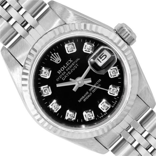 Rolex Ladies Stainless Steel Black Diamond Quickset Datejust Wristwatch 36MM