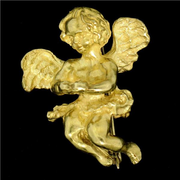Designer Koven 18K Yellow Gold 3D Textured Cherub Angel Brooch Pin Heavy 20.08g