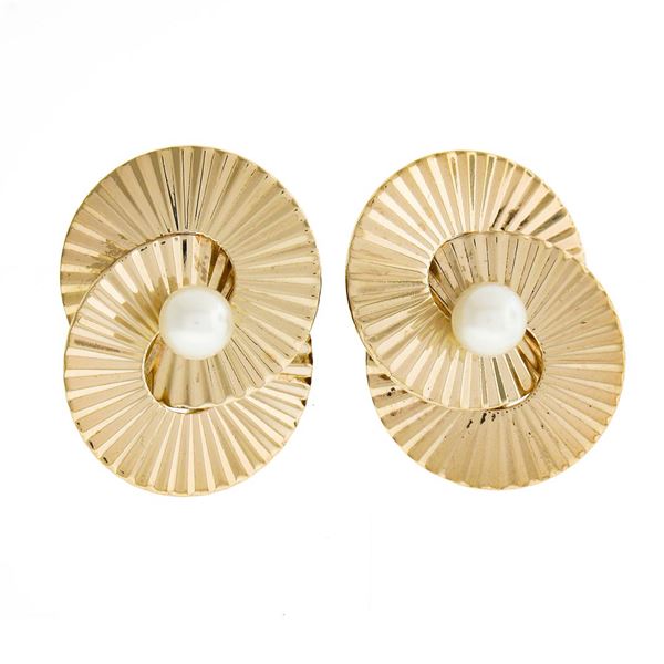Vintage Retro Krementz 14K Gold 4.5mm Pearl Grooved Fluted Interlocking Earrings