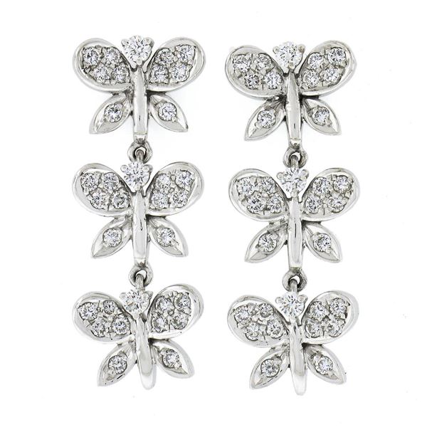 Fancy 18k White Gold 0.80 ctw Round Diamond 3 Tier Butterfly Drop Dangle Earring