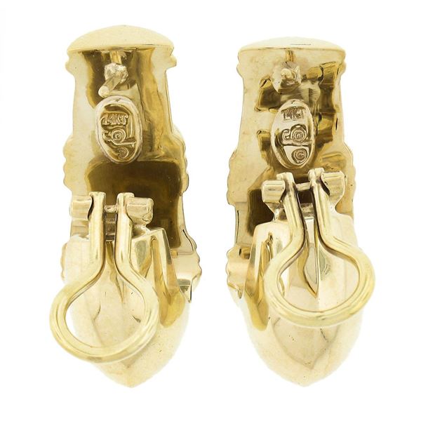 14K Yellow Gold 0.80 ctw Round Pave Diamond Polished Ribbed Cuff Omega Earrings