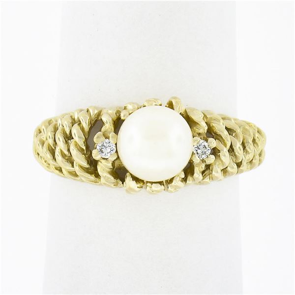 14K Gold Cultured Pearl Solitaire w/ Diamond Open Twisted Wire Work Domed Ring