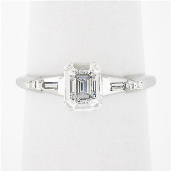 Vintage 14k Gold Illusion Set Emerald Cut Diamond Solitaire w/ Accents Ring