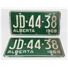 Image 1 : #1458 SET LICENSE PLATE ALBERTA 1968 JD-44-38