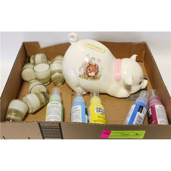 5 BOTTLES OF NEW GLASS PAINTS, SHELL TEA LIGHTS &