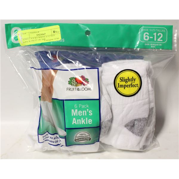 WHITE CREW SOCKS 6-12 SIZE 6-PACK FRUIT OF THE