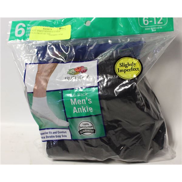 BLACK ANKLE SOCKS 6-12 SIZE 6-PACK FRUIT OF THE