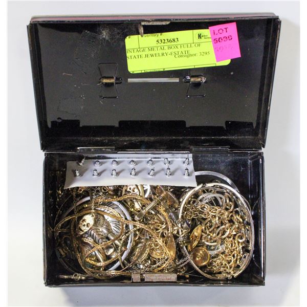 VINTAGE METAL BOX FULL OF ESTATE JEWELRY-ESTATE