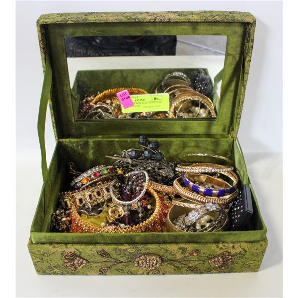 GREEN SATIN BOX FULL OF ESTATE JEWELRY-ESTATE