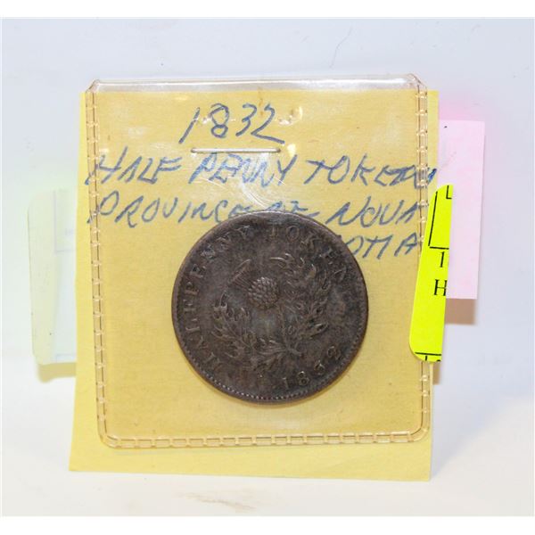 1832 PROVINCE OF NOVA SCOTIA HALF PENNY TOKEN