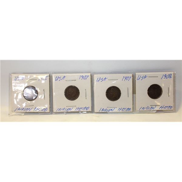 4 USA INDIAN HEAD PENNIES (1905,1907,1907,1908)