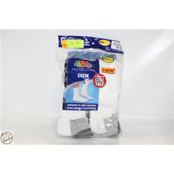 WHITE CREW SOCKS 12-16 SIZE 6-PACK FRUIT OF THE