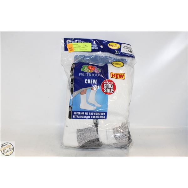 WHITE CREW SOCKS 12-16 SIZE 6-PACK FRUIT OF THE