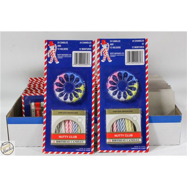CASE OF 24 NEW BIRTHDAY CAKE CANDLES & HOLDERS