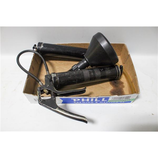 VINTAGE GREASE GUN, SUCTION GUN & OIL FUNNEL