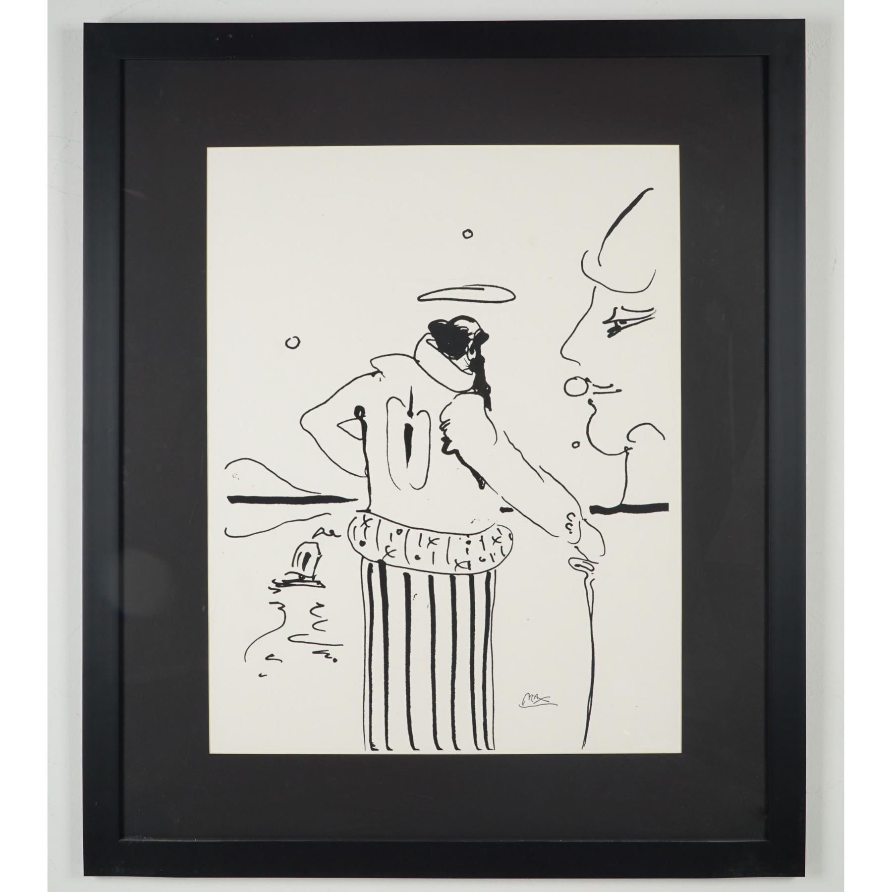 Peter Max, One-of-a-Kind Black Ink Drawing, Sage with Cane, Signed