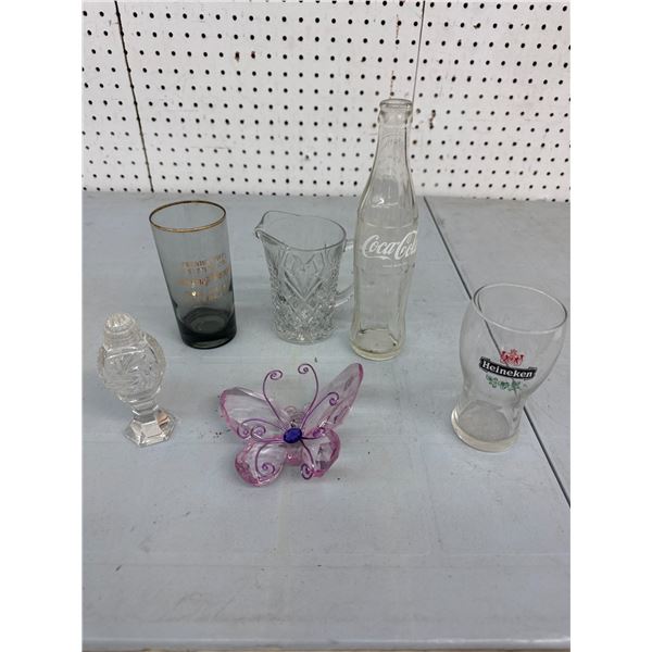 Coke bottle and assorted glassware