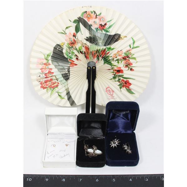 LOT OF 3 BOXES OF JEWELRY AND CHINESE FAN