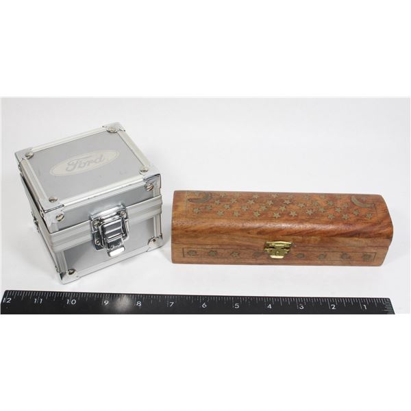 TWO GIFT BOXES, BRASS INLAID WOOD AND