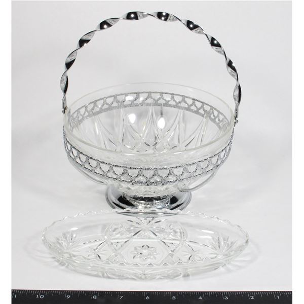 CUT GLASS SERVING BOWL WITH PICKLE DISH