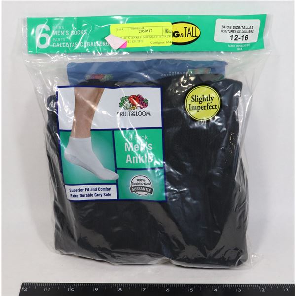 BLACK ANKLE SOCKS,12-16,PACK OF 6,FRUIT OF THE