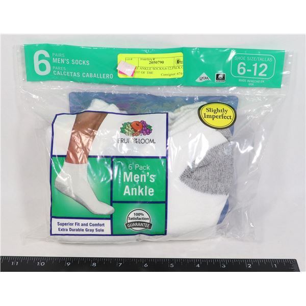 WHITE ANKLE SOCKS,6-12,PACK OF 6,FRUIT OF THE