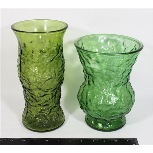2 LARGE GREEN GLASS VASES
