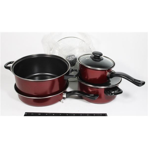 Item #12129 NEW POT AND PAN SET (ONE LID HANDLE DAMAGED)