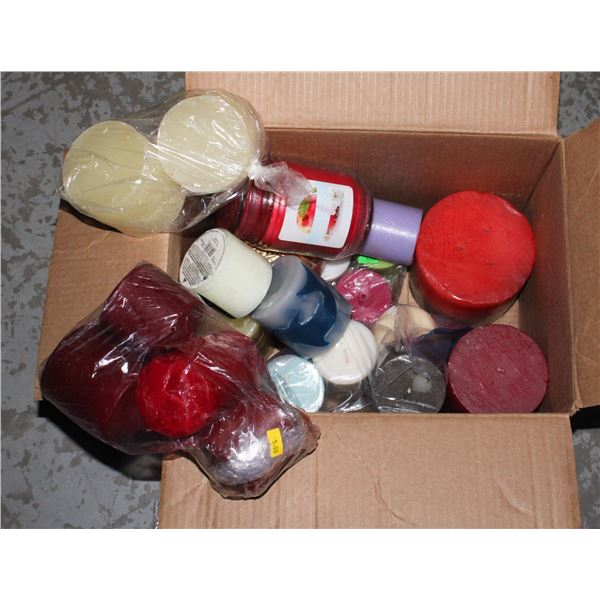 LARGE BOX OF ASSORTED NEW CANDLES