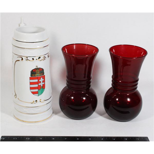 X2 RED GLASS VASES AND HUNGARIAN CUP FROM 1992