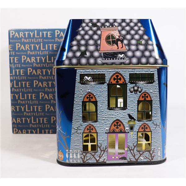 PARTYLITE SPOOKY HOUSE 3 WICK JAR TIN