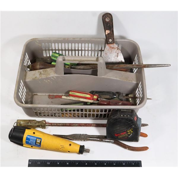 TRAY OF ASSORTED TOOLS INCLUDING TAPE MEASURE,