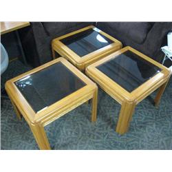 Set Of 3 Oak/glass End Tables