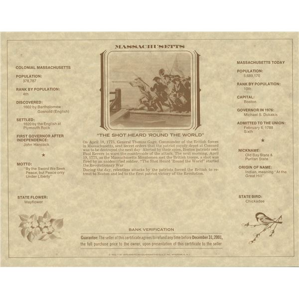 American Revolution Bicentennial Commemorative One Dollar Certificate, Massachusetts
