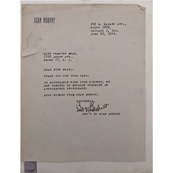Dean Murphy Signed Photo and Letter
