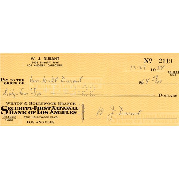 Author W.J. Durant signed check
