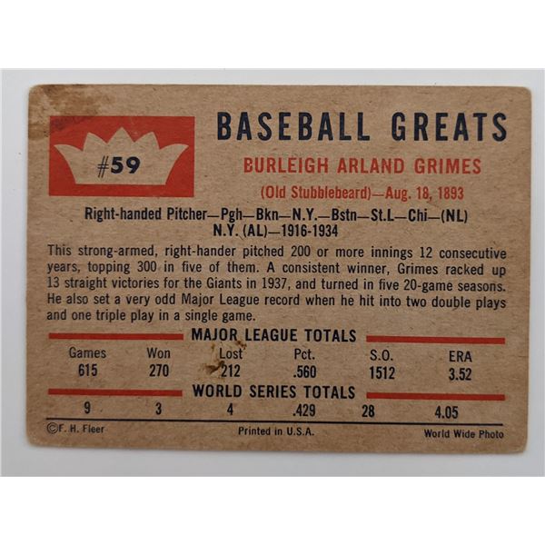 Burleigh Grimes Signed Baseball Trading Card - Fleer Baseball Greats #59 1960