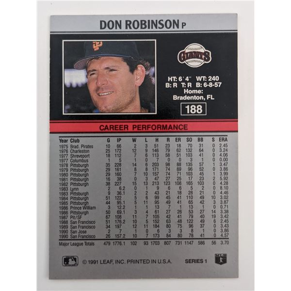 Don Robinson Signed Baseball Trading Card - Leaf #188 1991