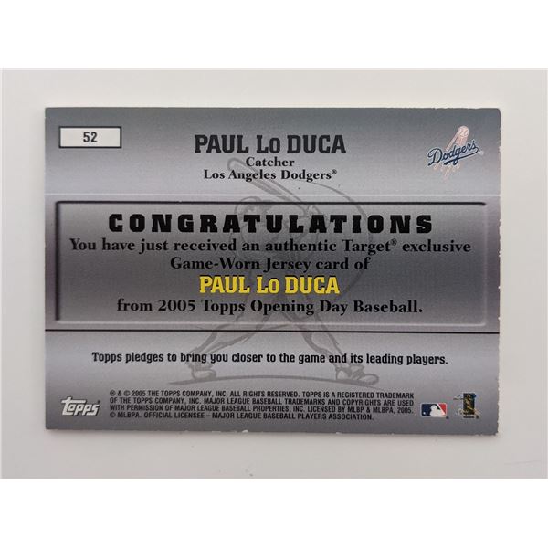 Paul Lo Duca Baseball Trading Card with Game Used Jersey Swatch - Topps Game Worn Jersey Collection 