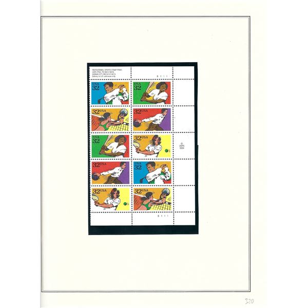 1995 US stamp collector sheet featuring Recreational Sports stamps