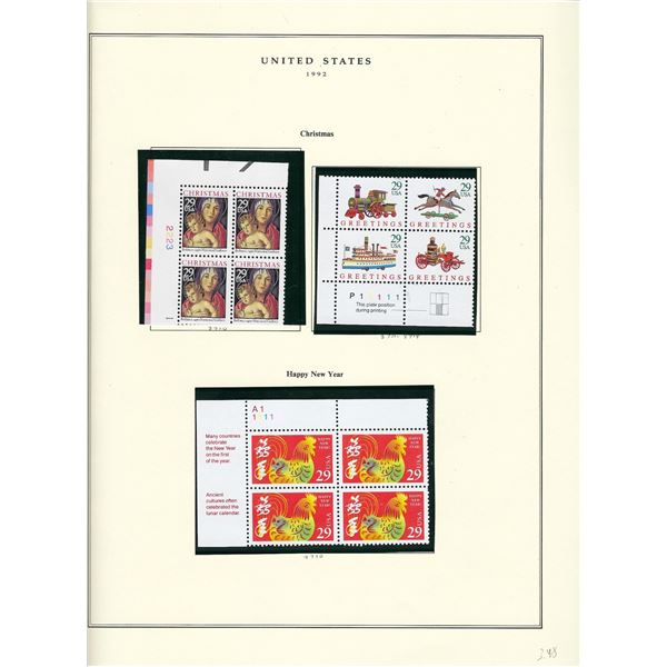 1992 US stamp collector sheet featuring Christmas and New Year's stamps
