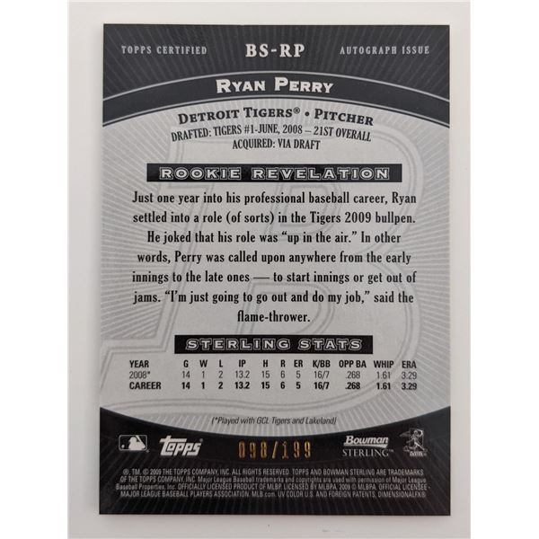 Ryan Perry Signed Baseball Trading Card - Bowman Sterling No. 98 of 199 2009