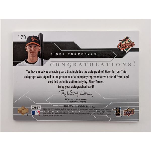 Eider Torres Signed Baseball Trading Card - Upper Deck Rookie Card #170 No. 279 of 999 2008