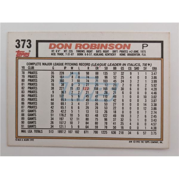 Don Robinson Signed Baseball Trading Card - Topps #373 1992