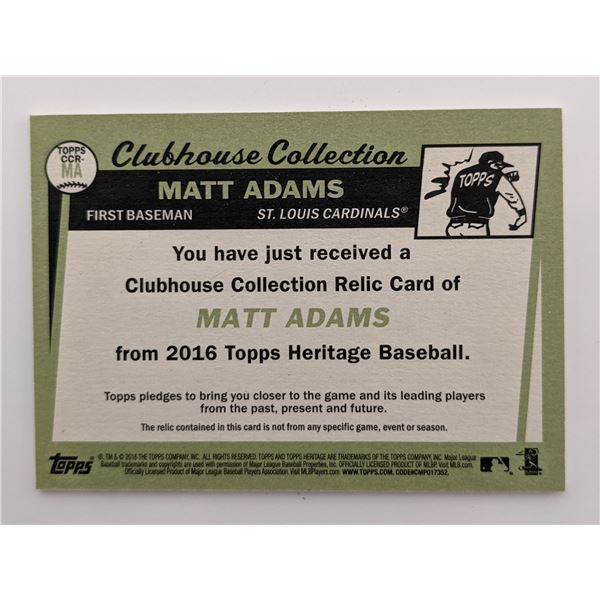 Matt Adams Baseball Trading Card with Game-Used Jersey Swatch - Topps Heritage Clubhouse Collection 